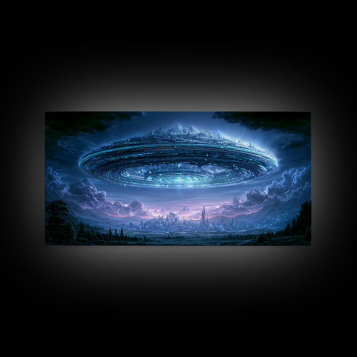 Giant Ring World Seen from a Valley Canvas Print, Scifi Art, Modern Art, Living Room Decor, Fine Art, Orbit, Retro Futurism Art, SCI-2x1-76