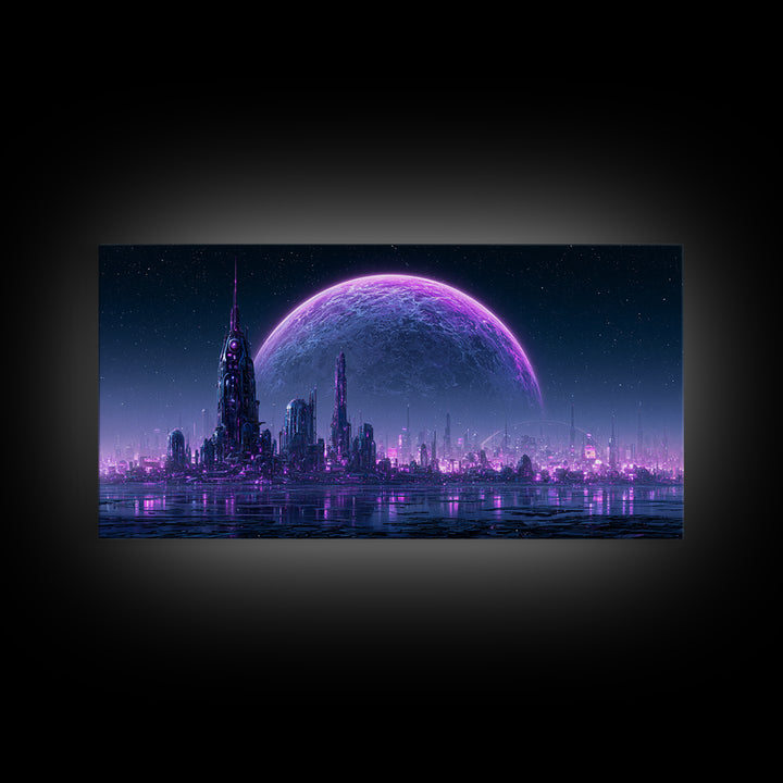Moon Colony Beneath Earth Rise Framed Canvas Print, Scifi Art, Posters, Living Room Decor, Orbit, Pop Art, Mid Century Art, SCI-2x1-86