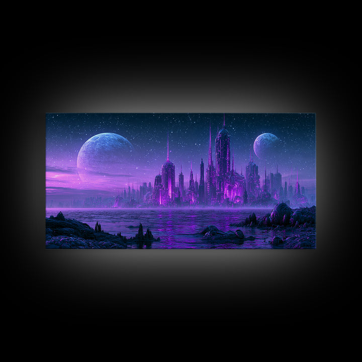 Alien Ocean with Two Moons Framed Canvas Print, Scifi Art, Art, Living Room Decor, Fine Art, Orbit, Modern Art, Living Room Art, SCI-2x1-9