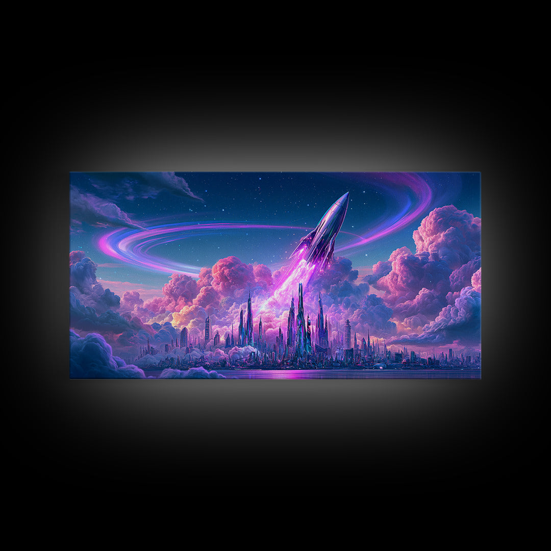 Retro Rocket Launching Through Cloud Rings Framed Canvas Print, Scifi Art, Pop Art, Living Room Decor, Fine Art, Orbit, SCI-2x1-99