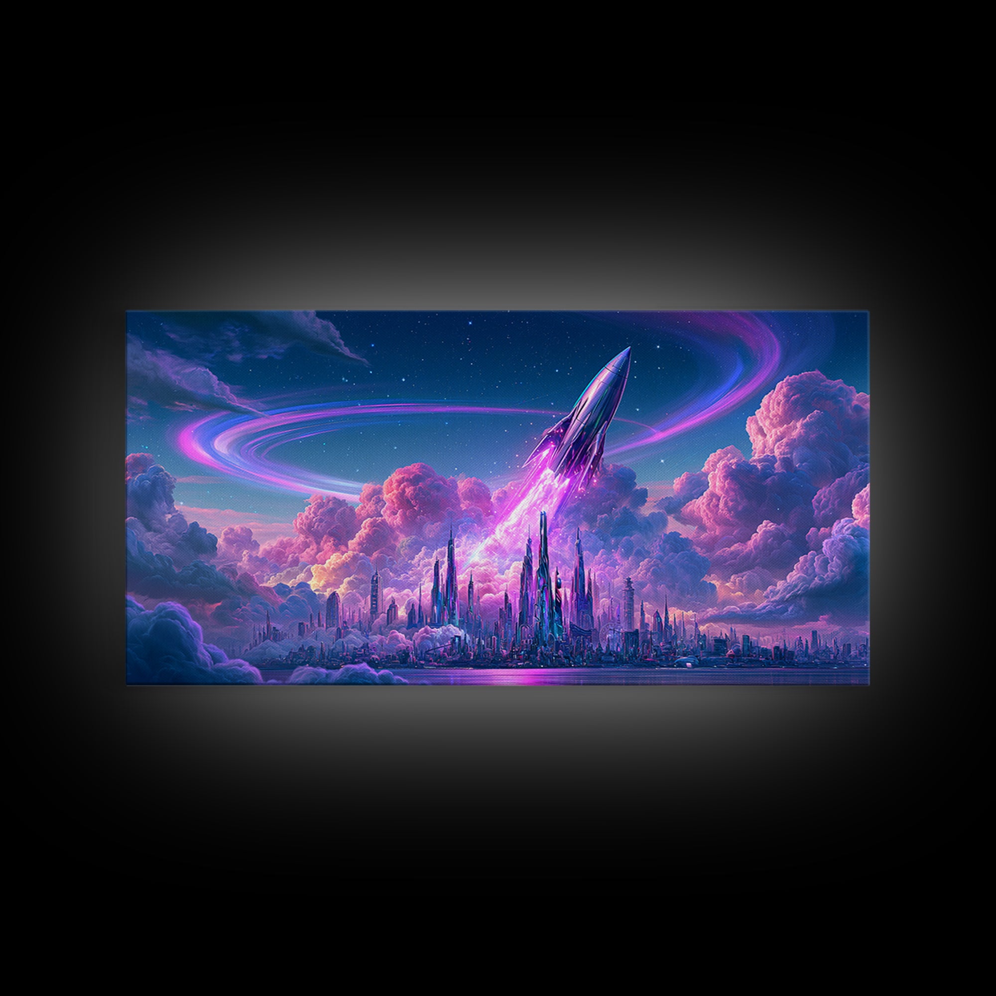 Retro Rocket Launching Through Cloud Rings Framed Canvas Print, Scifi Art, Pop Art, Living Room Decor, Fine Art, Orbit, SCI-2x1-99