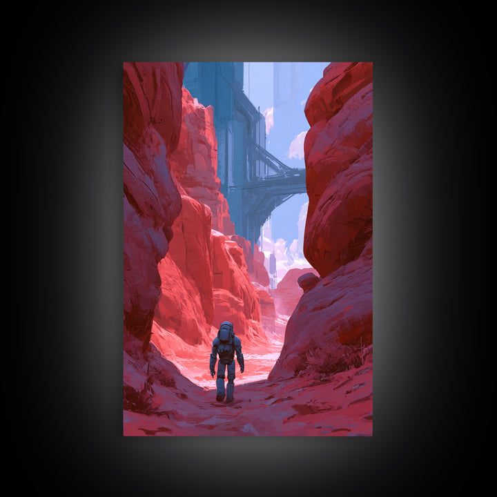 Robot Companion Crossing a Red Canyon Framed Canvas Print, Scifi Art, Decor, Living Room Decor, Orbit, Mid Century Art, SCI-2x3-12