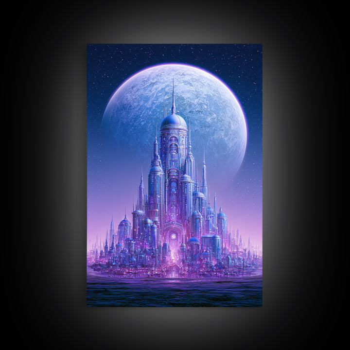 Moon Colony Beneath Earth Rise Framed Canvas Print, Scifi Art, Textured Painting, Living Room Decor, Abstract Art, Orbit, SCI-2x3-2