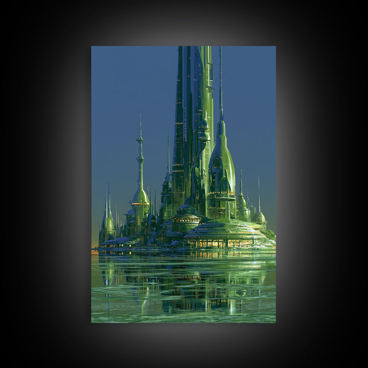 Terraforming Towers on a Silent Planet Framed Canvas Print, Scifi Art, Retro Wall Art, Living Room Decor, Oil Painting, Orbit, SCI-2x3-20