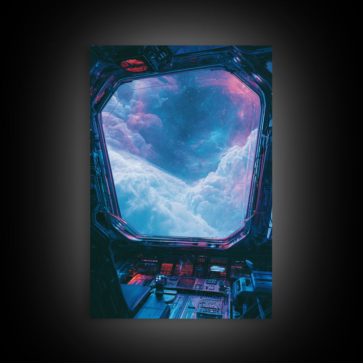 Starship Cockpit View of Nebula Clouds Framed Canvas Print, Scifi Art, Abstract Art, Living Room Decor, Fine Art, Orbit, SCI-2x3-43