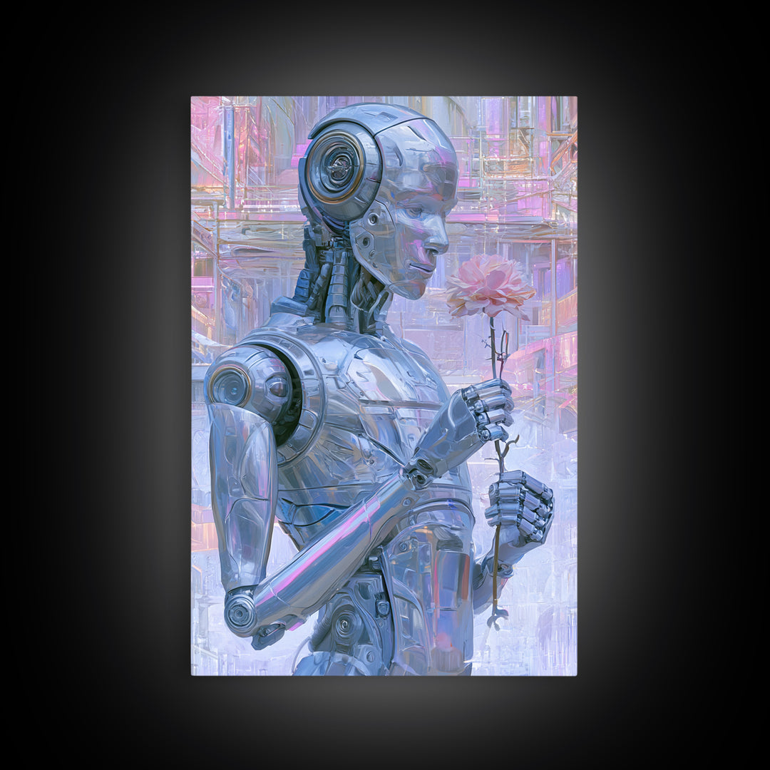 Silver Android Holding a Flower Framed Canvas Print, Scifi Art, Poster, Living Room Decor, Fine Art, Orbit, Retro Wall Art, SCI-2x3-46