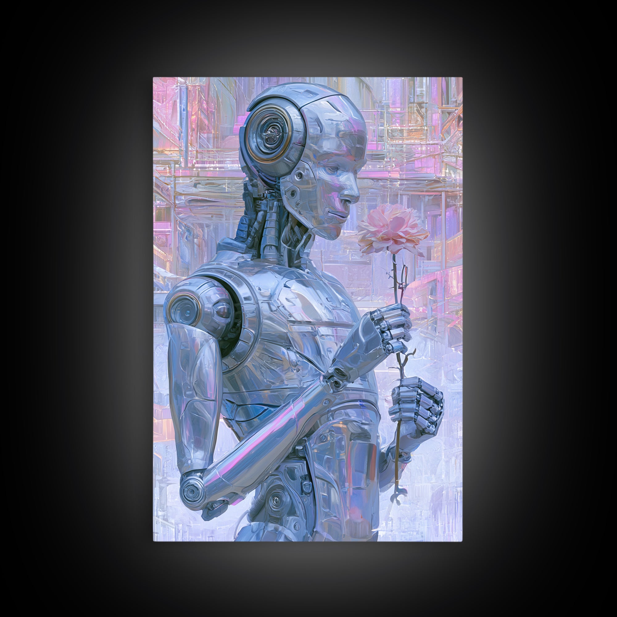 Silver Android Holding a Flower Framed Canvas Print, Scifi Art, Poster, Living Room Decor, Fine Art, Orbit, Retro Wall Art, SCI-2x3-46