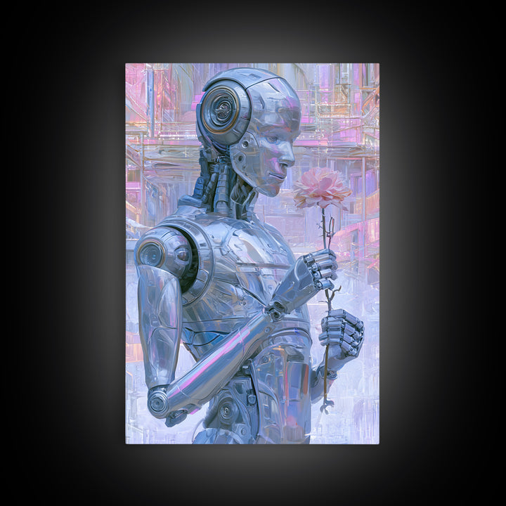 Silver Android Holding a Flower Framed Canvas Print, Scifi Art, Poster, Living Room Decor, Fine Art, Orbit, Retro Wall Art, SCI-2x3-46