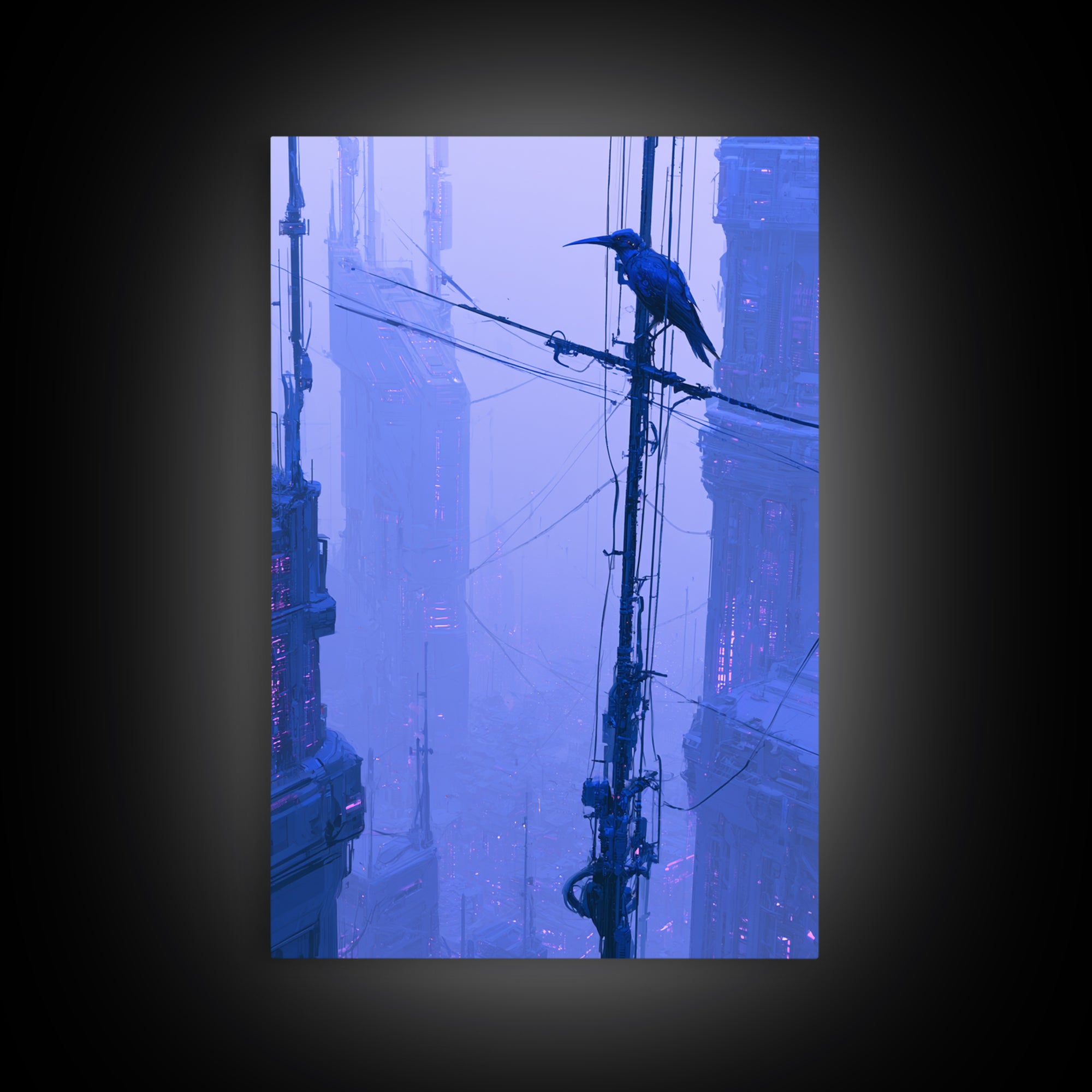 Robot Bird Perched on Antenna Framed Canvas Print, Scifi Art, Digital Art, Living Room Decor, Fine Art, Orbit, Steampunk Decor, SCI-2x3-55