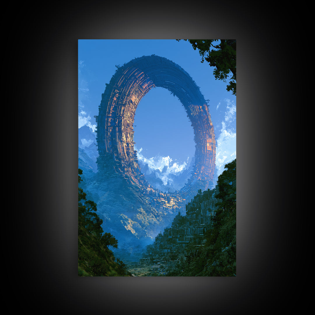 Giant Ring World Seen from a Valley Framed Canvas Print, Scifi Art, Wall Decor, Living Room Decor, Orbit, Living Room Art, SCI-2x3-64