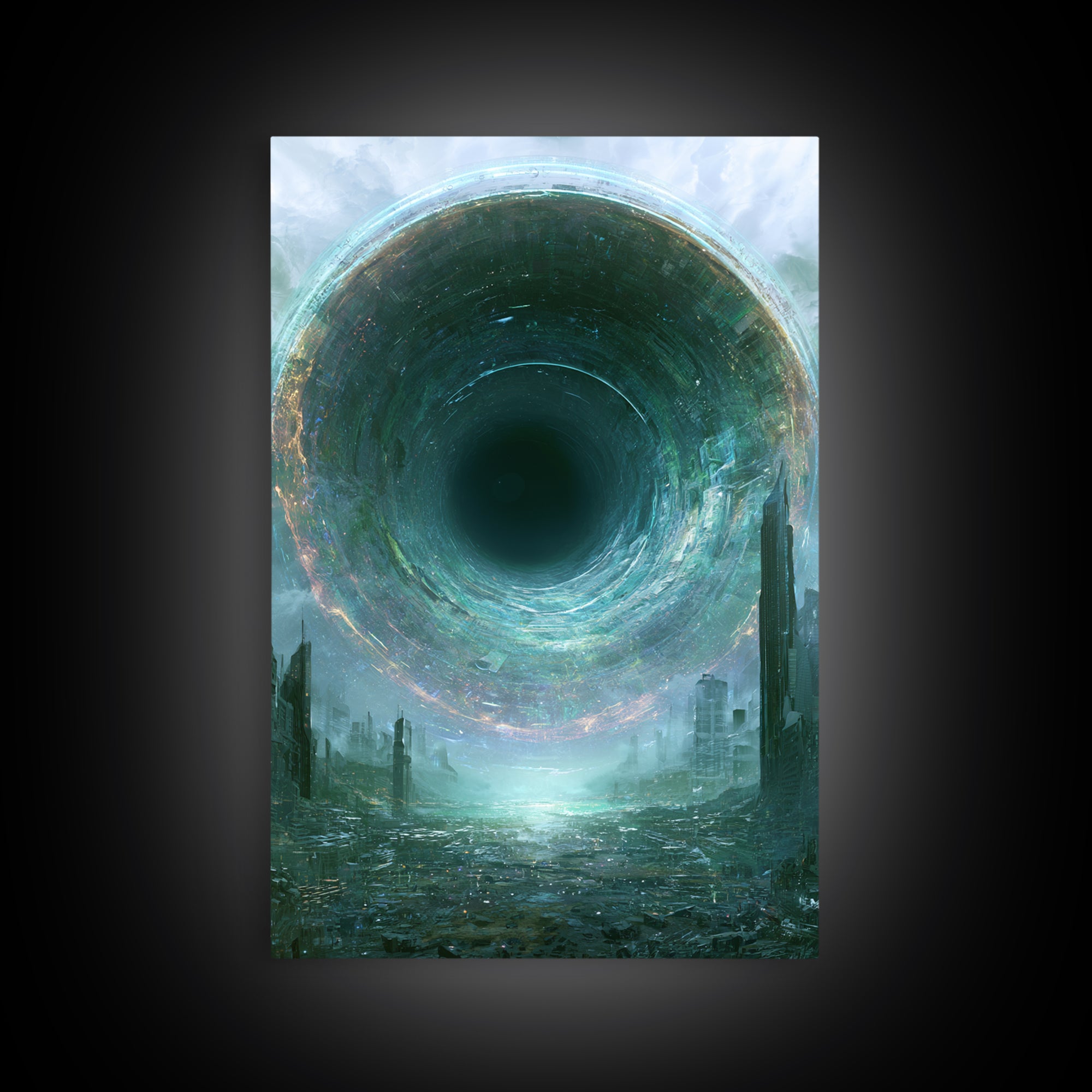 Wormhole Opening over Barren Landscape Framed Canvas Print, Scifi Art, Mid Century Art, Living Room Decor, Fine Art, Orbit, SCI-2x3-73
