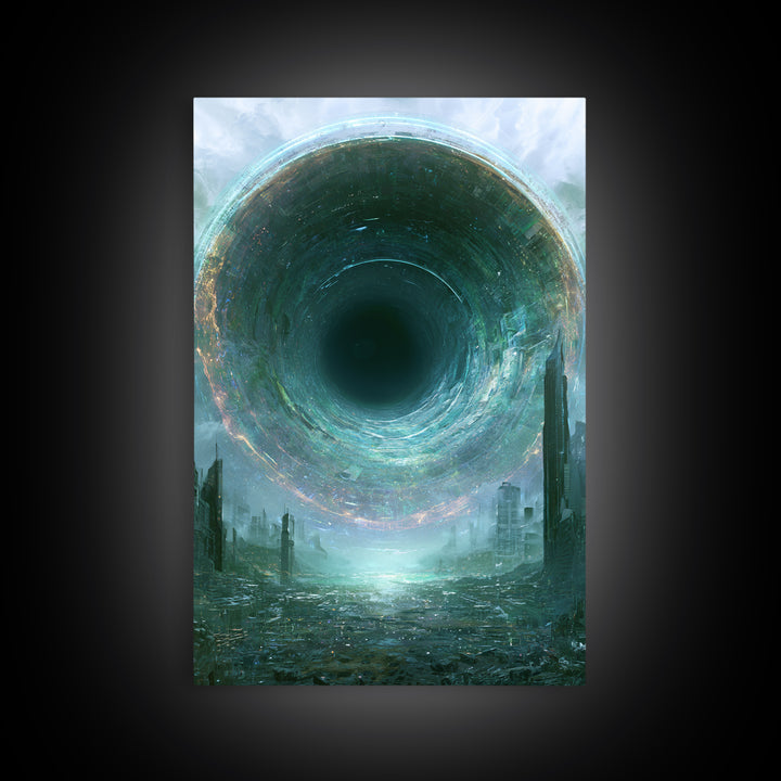 Wormhole Opening over Barren Landscape Framed Canvas Print, Scifi Art, Mid Century Art, Living Room Decor, Fine Art, Orbit, SCI-2x3-73