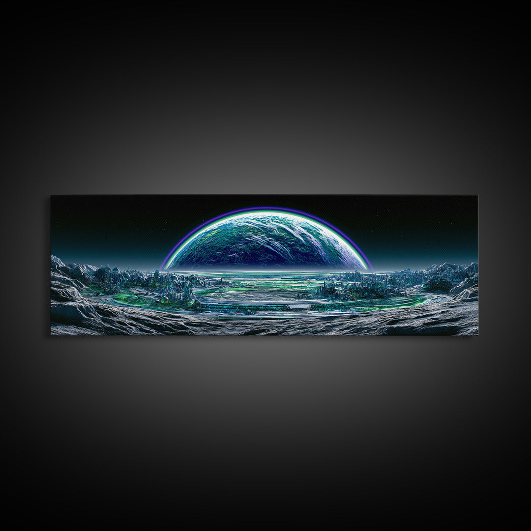 Moon Colony Beneath Earth Rise Framed Canvas Print, Scifi Art, Posters, Living Room Decor, Orbit, Pop Art, Mid Century Art, SCI-3x1-10