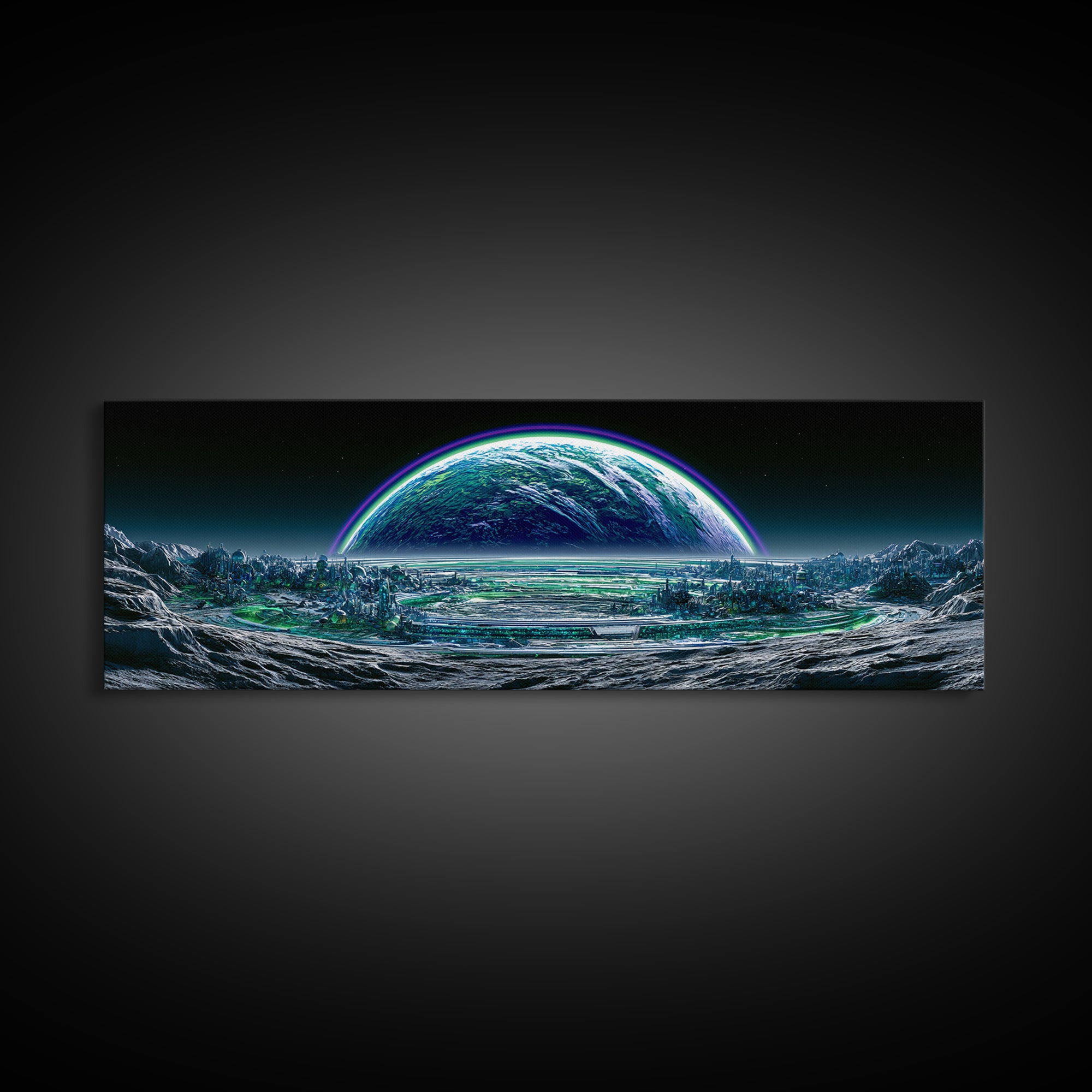 Moon Colony Beneath Earth Rise Framed Canvas Print, Scifi Art, Posters, Living Room Decor, Orbit, Pop Art, Mid Century Art, SCI-3x1-10