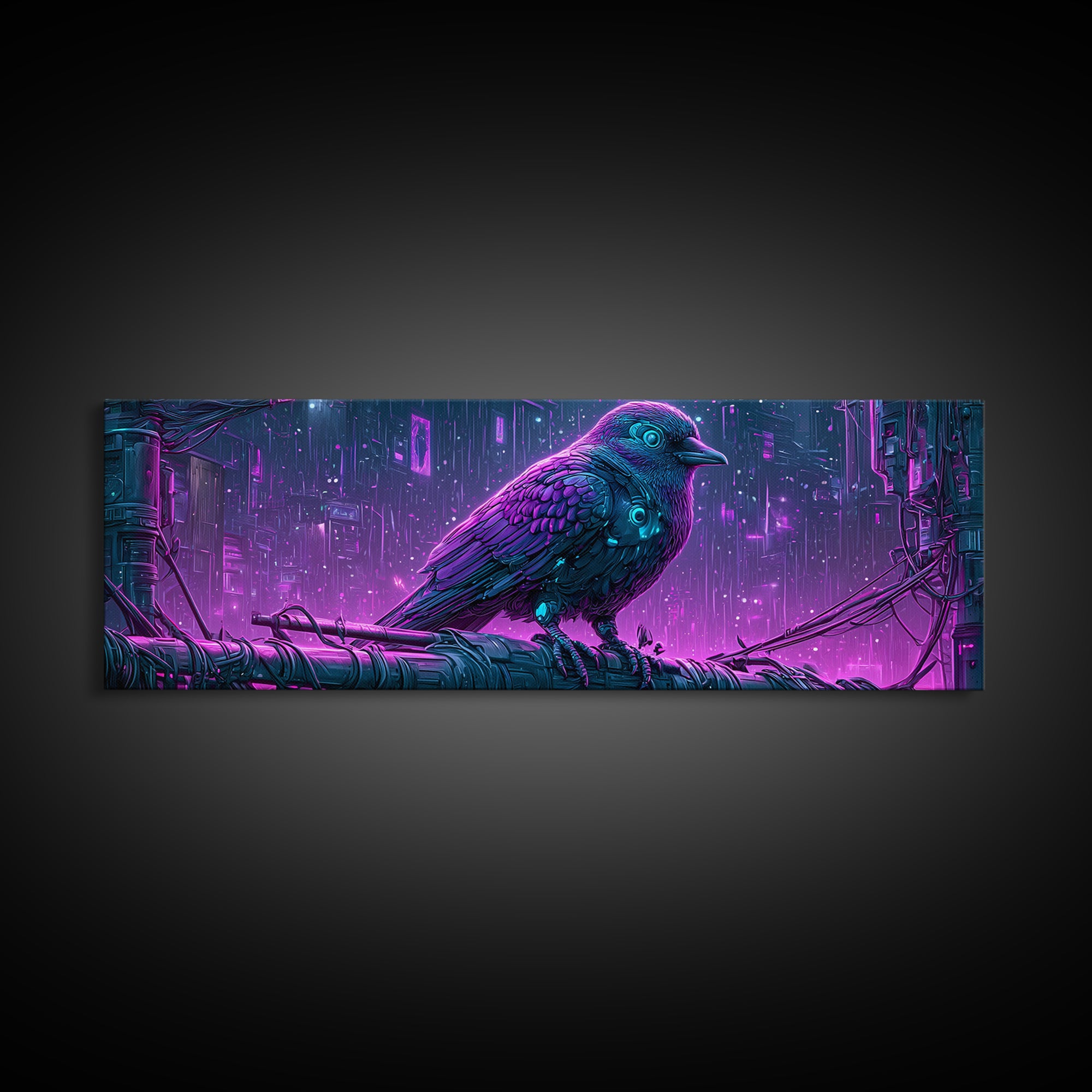 Robot Bird Perched on Antenna Framed Canvas Print, Scifi Art, Gallery Decor, Living Room Decor, Fine Art, Orbit, Wall Art, SCI-3x1-15