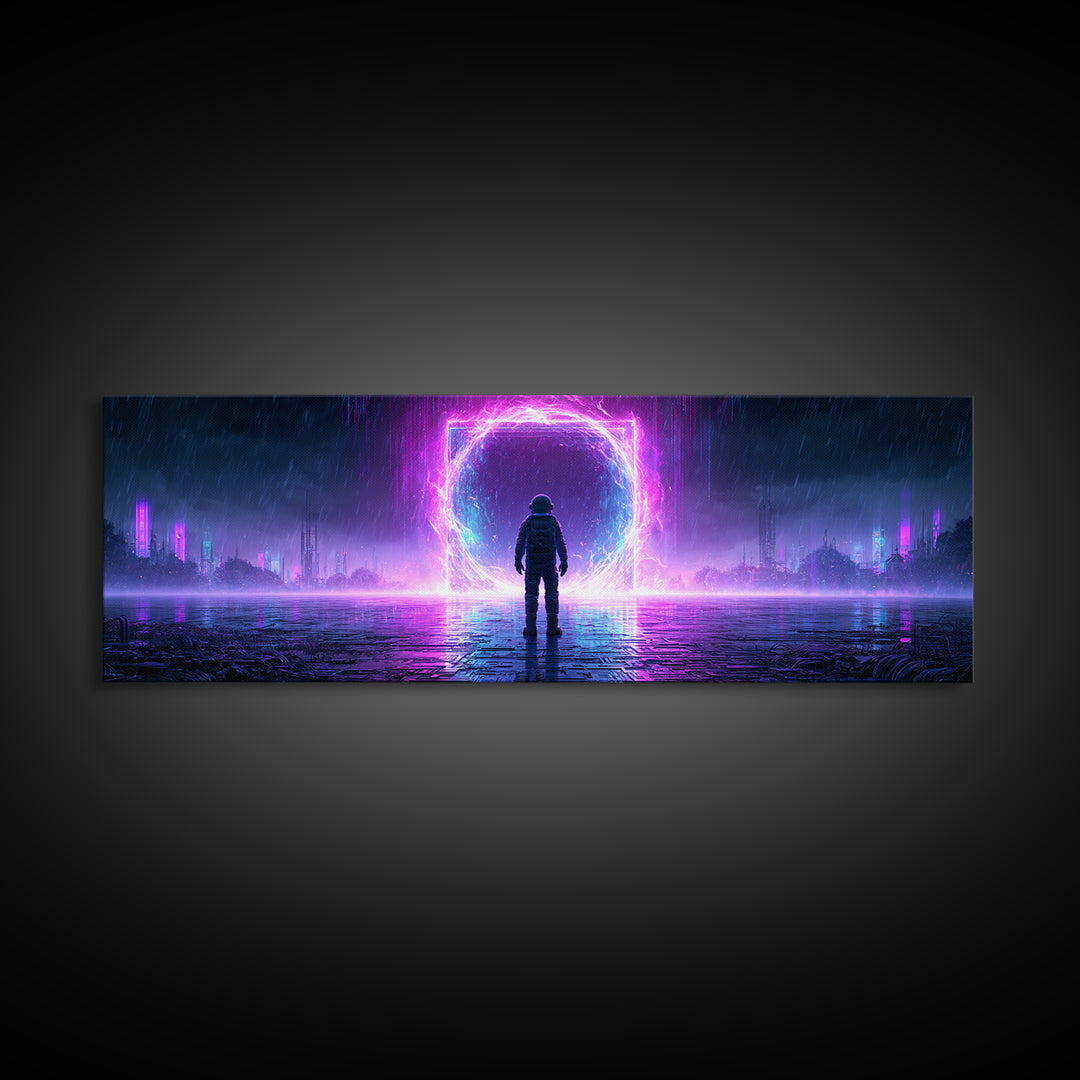 Astronaut Standing Before a Glowing Monolith Framed Canvas Print, Scifi Art, Canvas Print, Living Room Decor, Fine Art, Orbit, SCI-3x1-18