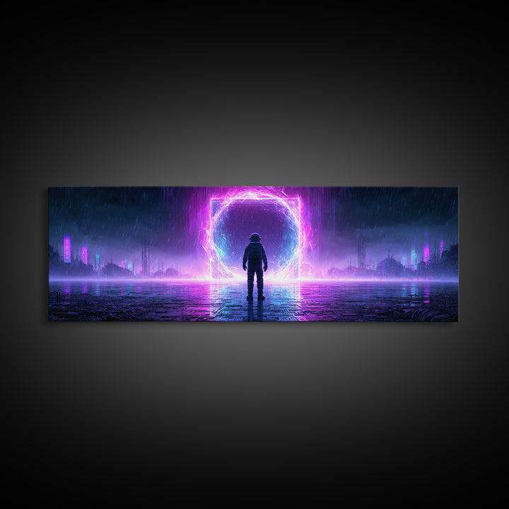 Astronaut Standing Before a Glowing Monolith Framed Canvas Print, Scifi Art, Canvas Print, Living Room Decor, Fine Art, Orbit, SCI-3x1-18