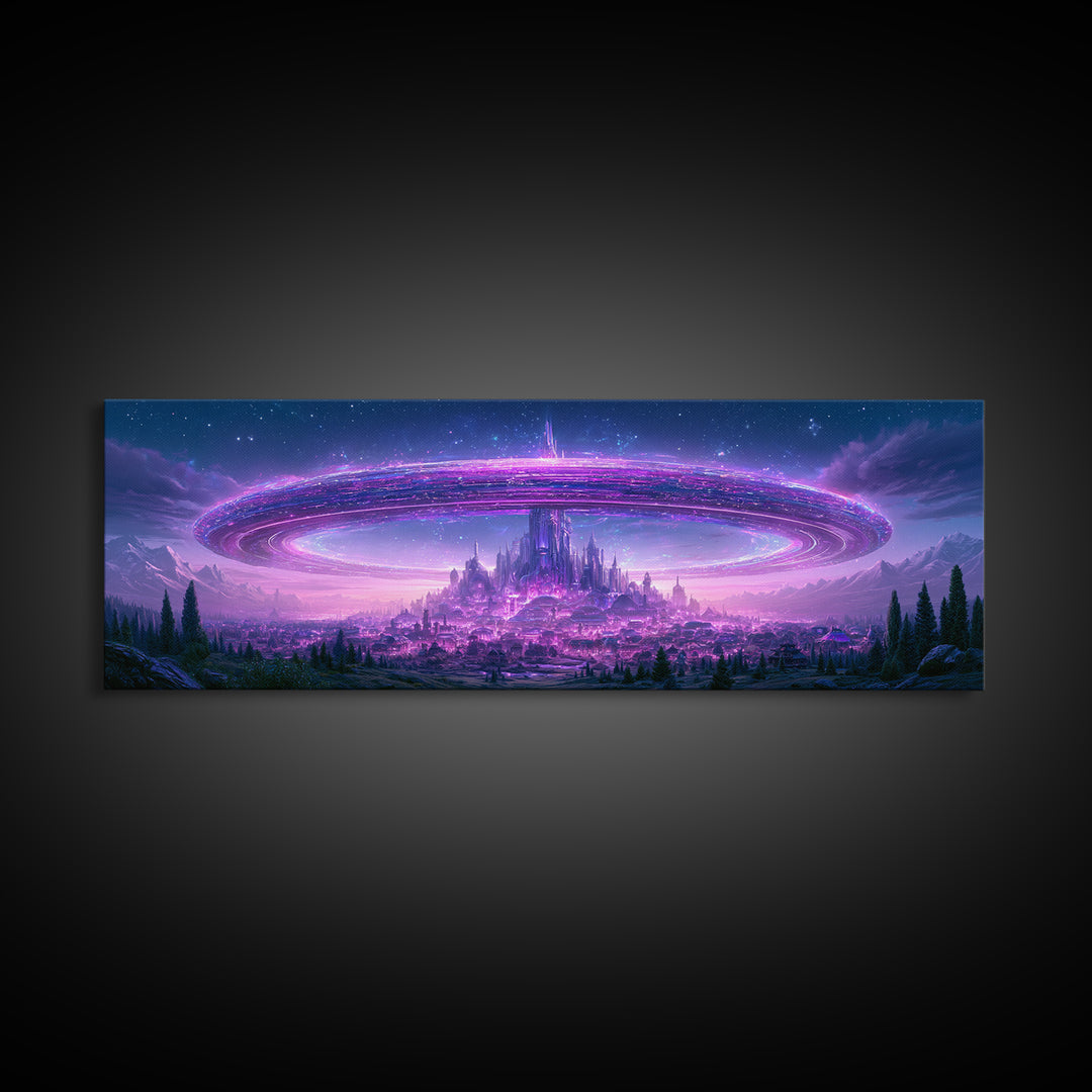 Giant Ring World Seen from a Valley Canvas Print, Scifi Art, Game Room Decor, Living Room Decor, Fine Art, Orbit, SCI-3x1-24