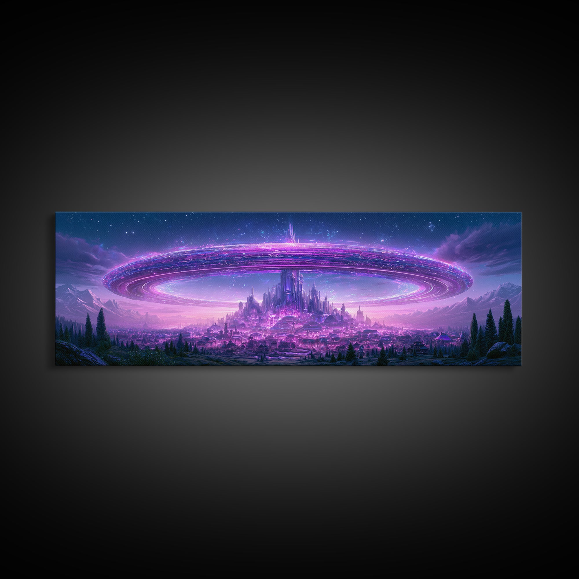 Giant Ring World Seen from a Valley Canvas Print, Scifi Art, Game Room Decor, Living Room Decor, Fine Art, Orbit, SCI-3x1-24