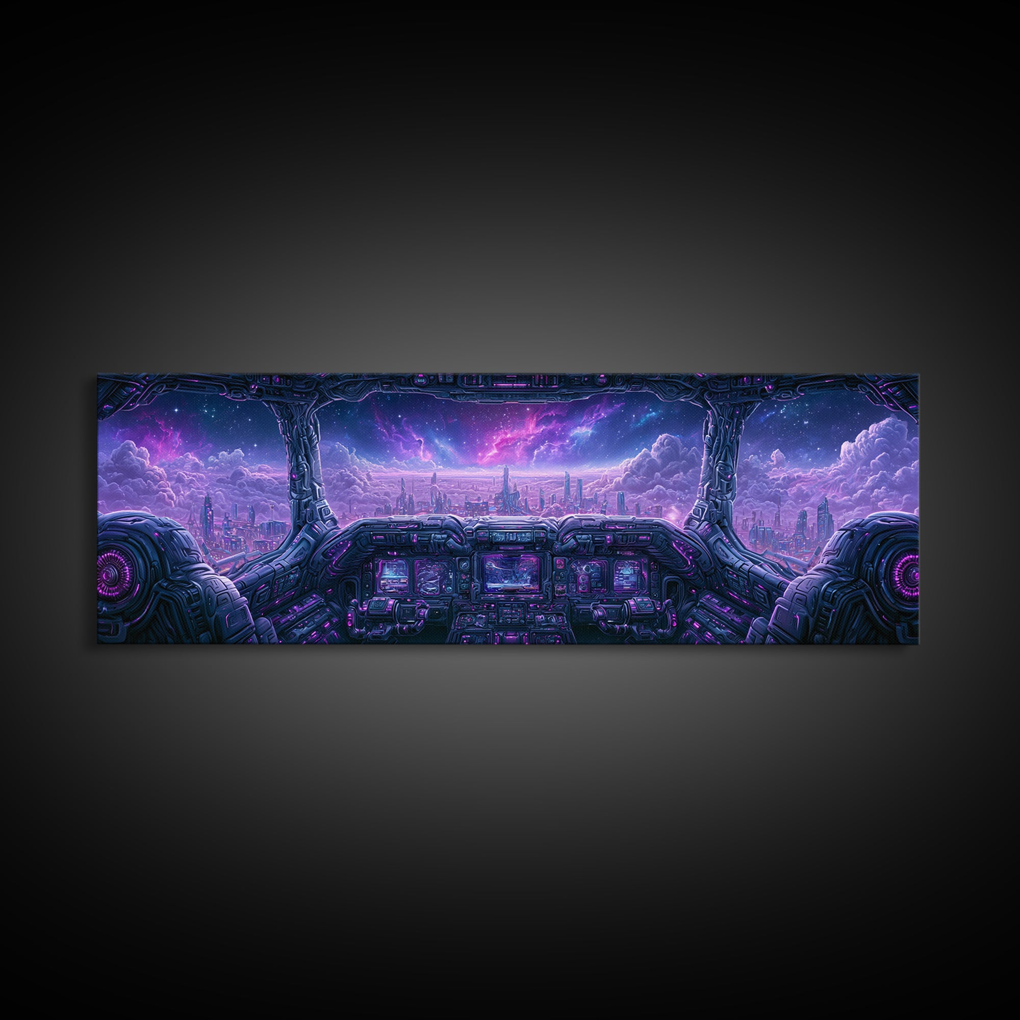 Starship Cockpit View of Nebula Clouds Framed Canvas Print, Scifi Art, Room Decor, Living Room Decor, Fine Art, Orbit, SCI-3x1-27