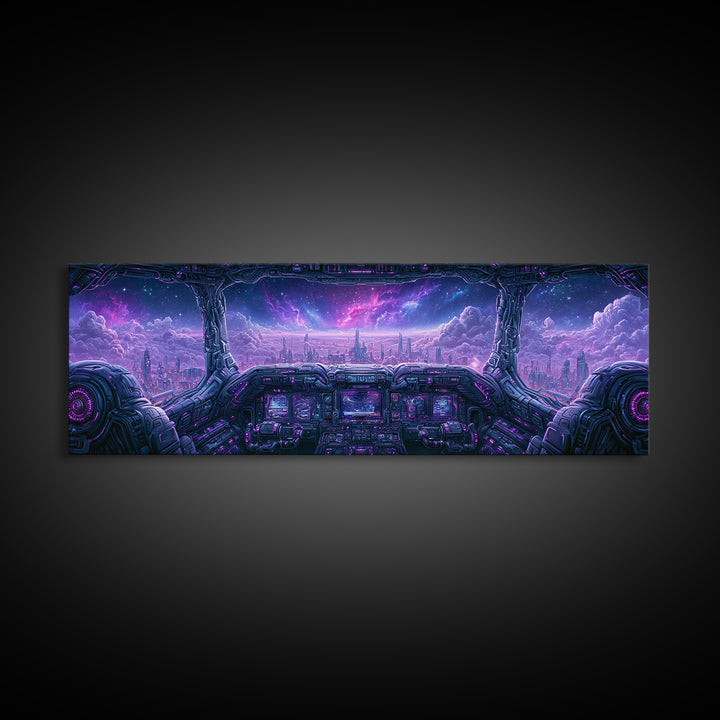 Starship Cockpit View of Nebula Clouds Framed Canvas Print, Scifi Art, Room Decor, Living Room Decor, Fine Art, Orbit, SCI-3x1-27