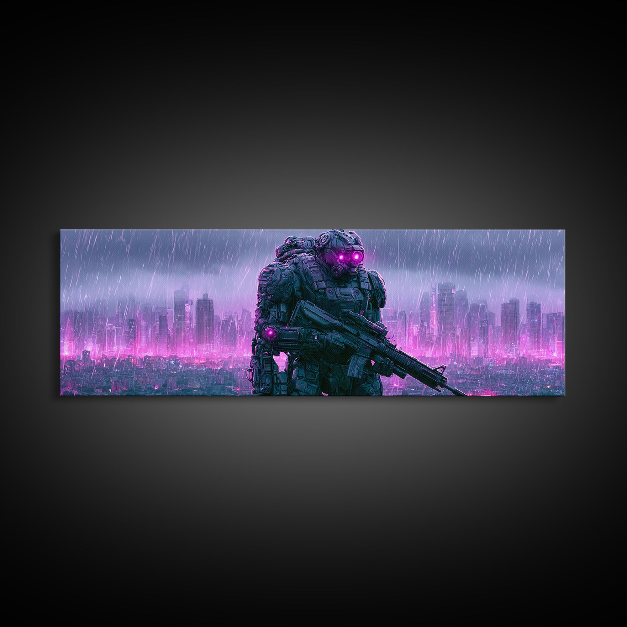 Mech Silhouette in Rainy Neon City Canvas Print, Scifi Art, Textured Painting, Living Room Decor, Abstract Art, Orbit, SCI-3x1-31