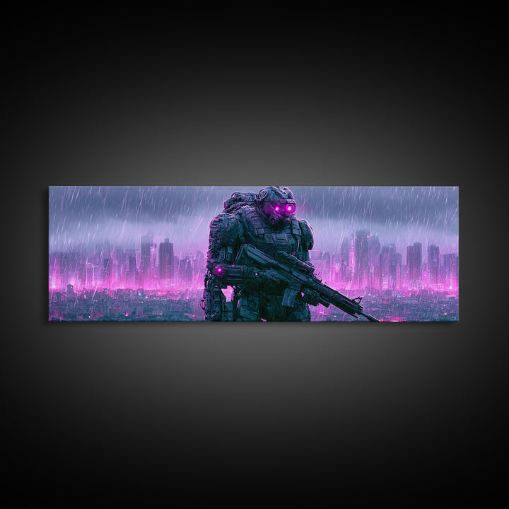 Mech Silhouette in Rainy Neon City Canvas Print, Scifi Art, Textured Painting, Living Room Decor, Abstract Art, Orbit, SCI-3x1-31