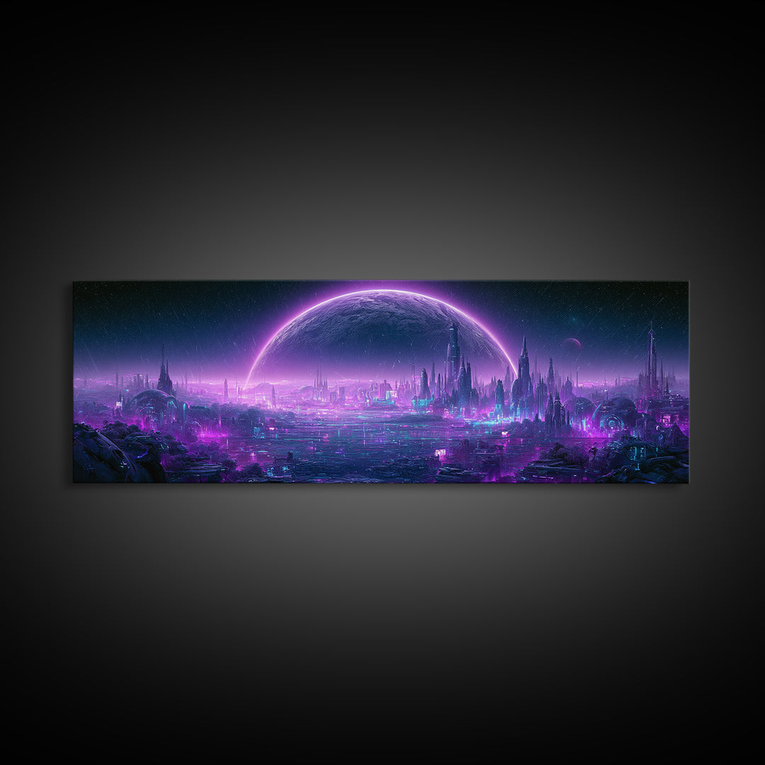 Moon Colony Beneath Earth Rise Canvas Print, Scifi Art, Ai Art, Living Room Decor, Abstract Art, Orbit, Star Wars Art, SCI-3x1-34