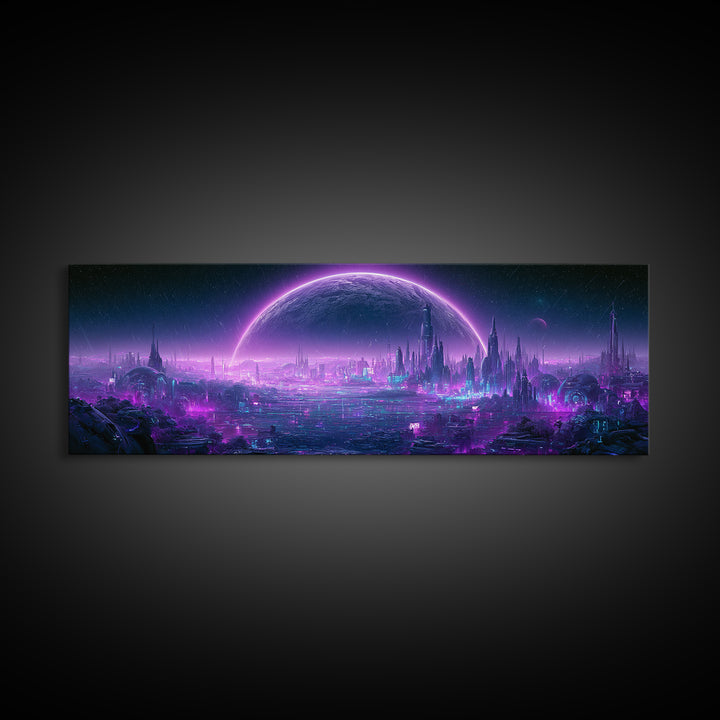 Moon Colony Beneath Earth Rise Canvas Print, Scifi Art, Ai Art, Living Room Decor, Abstract Art, Orbit, Star Wars Art, SCI-3x1-34