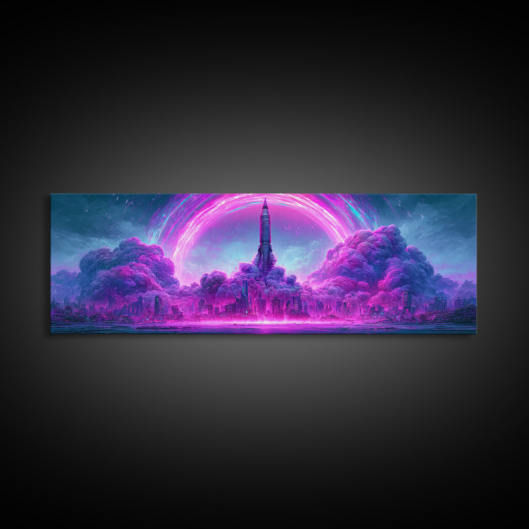 Retro Rocket Launching Through Cloud Rings Framed Canvas Print, Scifi Art, Decor, Living Room Decor, Oil Painting, Orbit, SCI-3x1-47