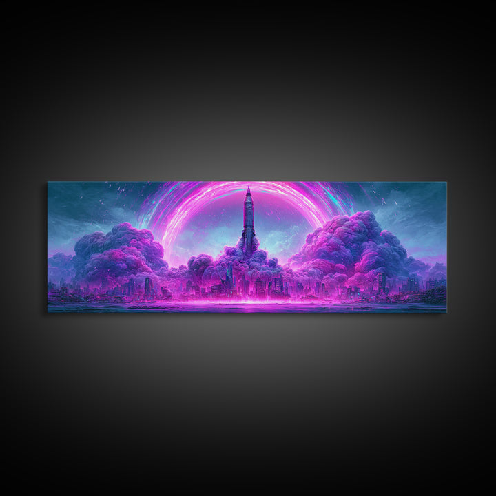 Retro Rocket Launching Through Cloud Rings Framed Canvas Print, Scifi Art, Decor, Living Room Decor, Oil Painting, Orbit, SCI-3x1-47