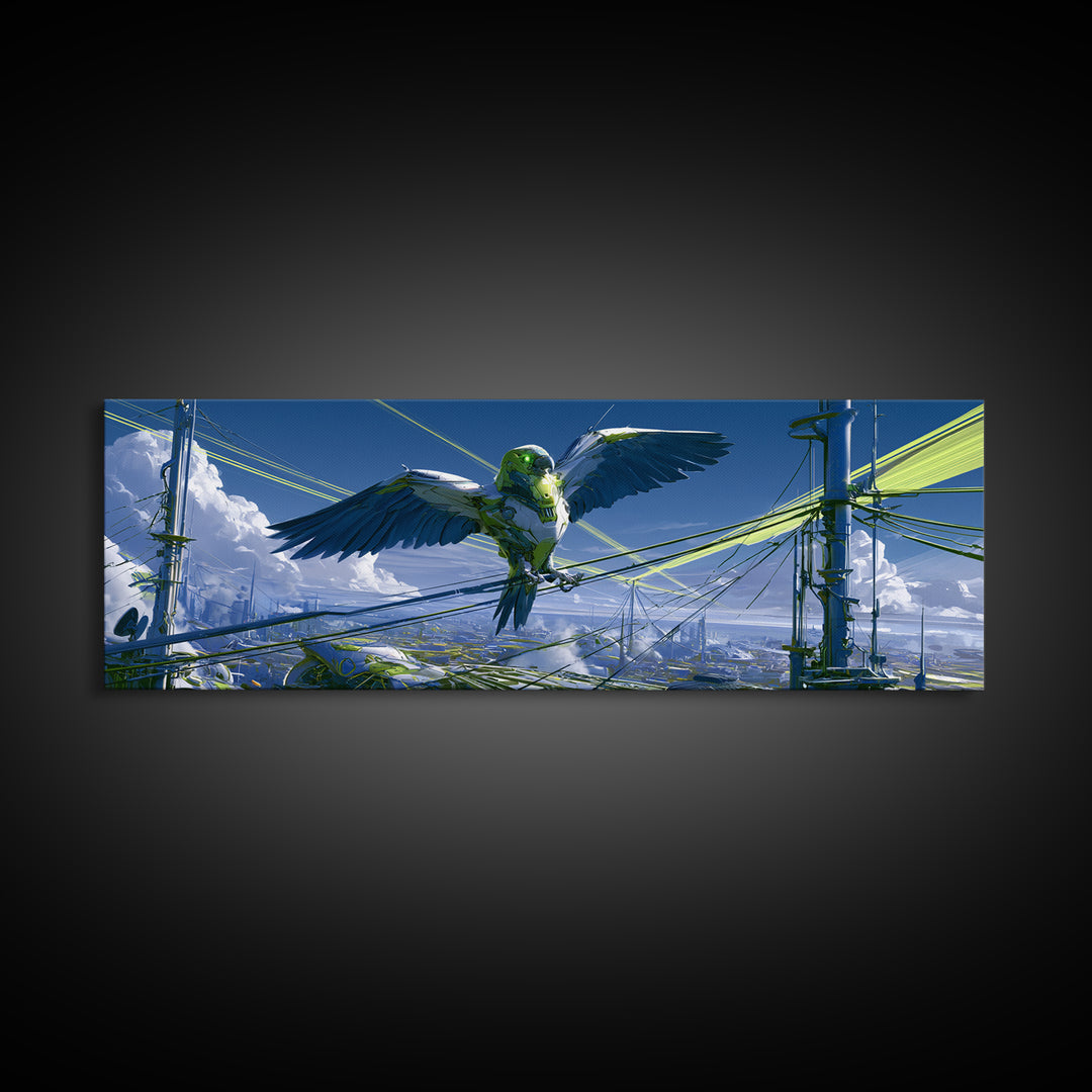 Robot Bird Perched on Antenna Framed Canvas Print, Scifi Art, Minimalist Decor, Living Room Decor, Fine Art, Orbit, Ai Art, SCI-3x1-63