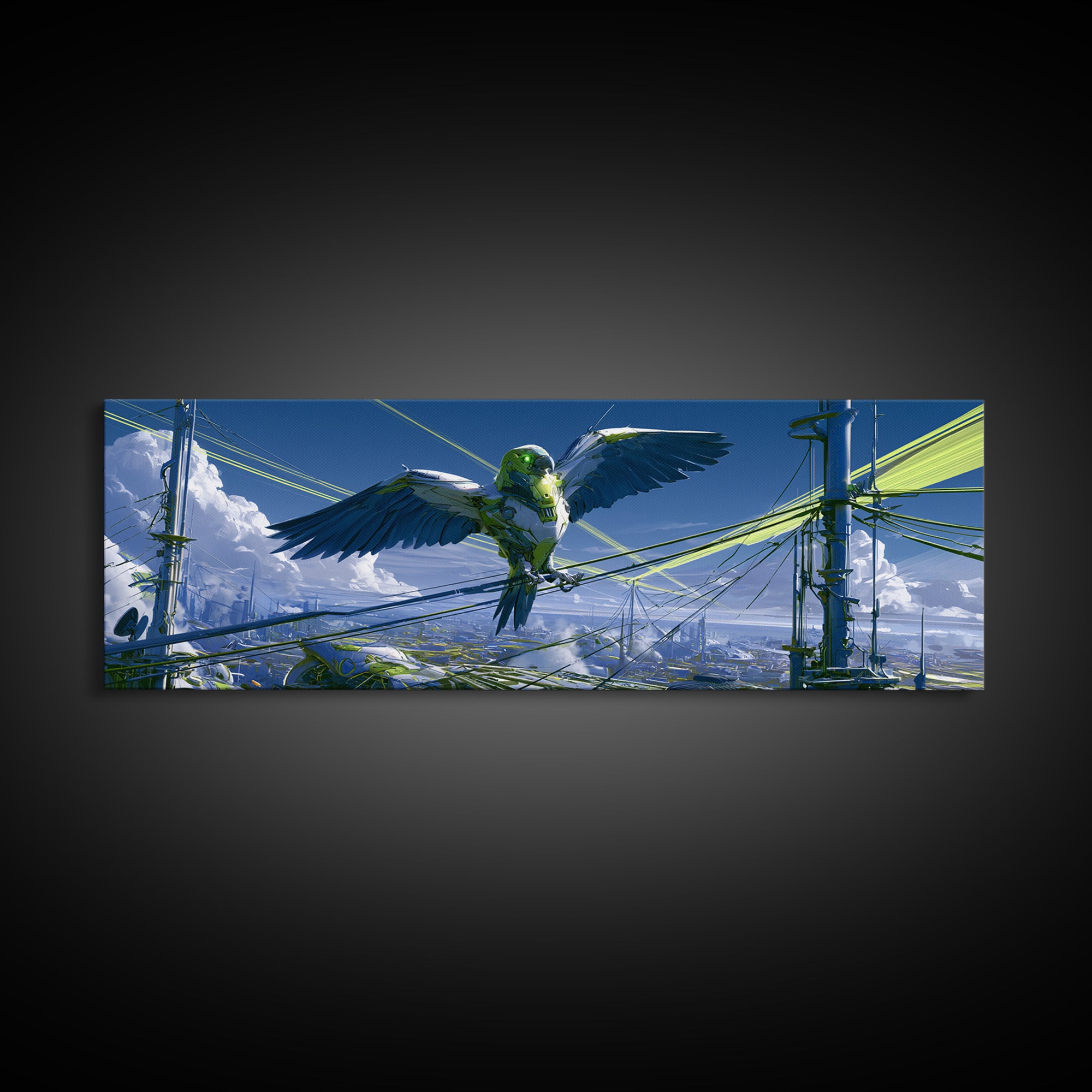Robot Bird Perched on Antenna Framed Canvas Print, Scifi Art, Minimalist Decor, Living Room Decor, Fine Art, Orbit, Ai Art, SCI-3x1-63