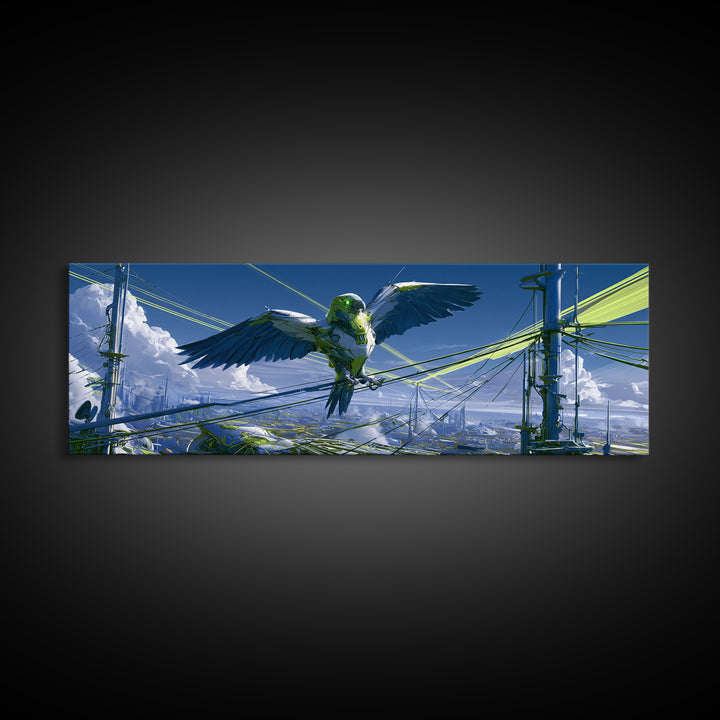 Robot Bird Perched on Antenna Framed Canvas Print, Scifi Art, Minimalist Decor, Living Room Decor, Fine Art, Orbit, Ai Art, SCI-3x1-63