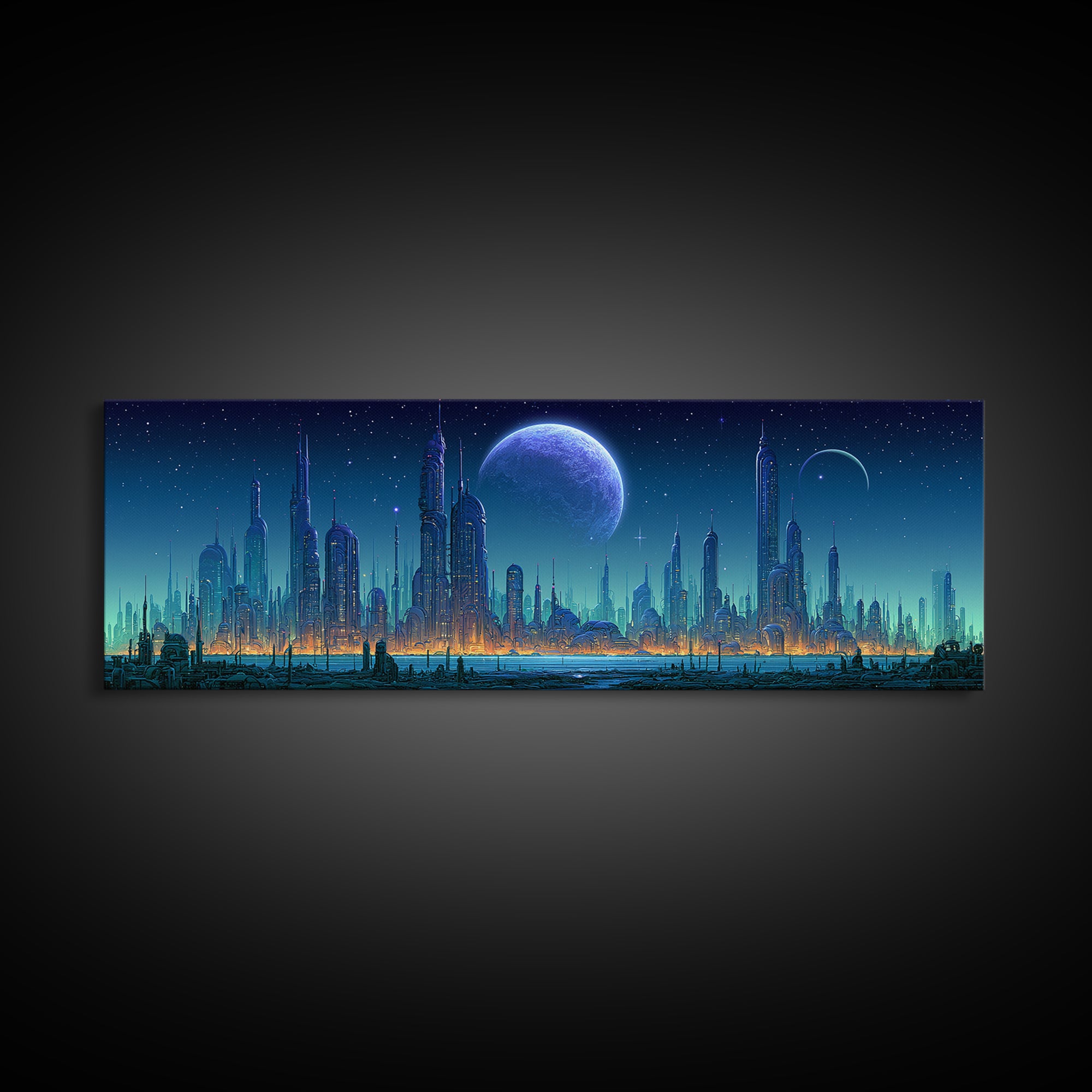 Futuristic City on a Moonlit World Framed Canvas Print, Scifi Art, Ai Art, Living Room Decor, Abstract Art, Orbit, SCI-3x1-67