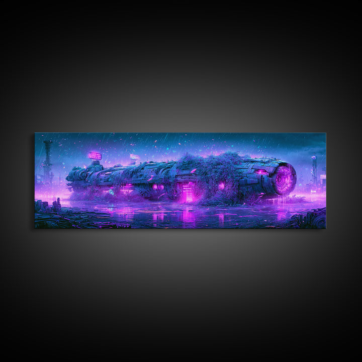Abandoned Spacecraft Overgrown Framed Canvas Print, Scifi Art, Collage Art, Living Room Decor, Oil Painting, Orbit, SCI-3x1-74