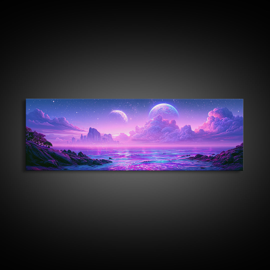 Alien Ocean with Two Moons Framed Canvas Print, Scifi Art, Fantasy Art, Living Room Decor, Oil Painting, Orbit, SCI-3x1-77