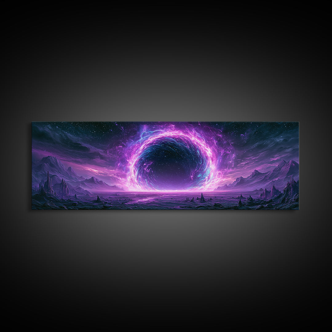 Wormhole Opening over Barren Landscape Framed Canvas Print, Scifi Art, Game Room Decor, Living Room Decor, Fine Art, Orbit, SCI-3x1-81