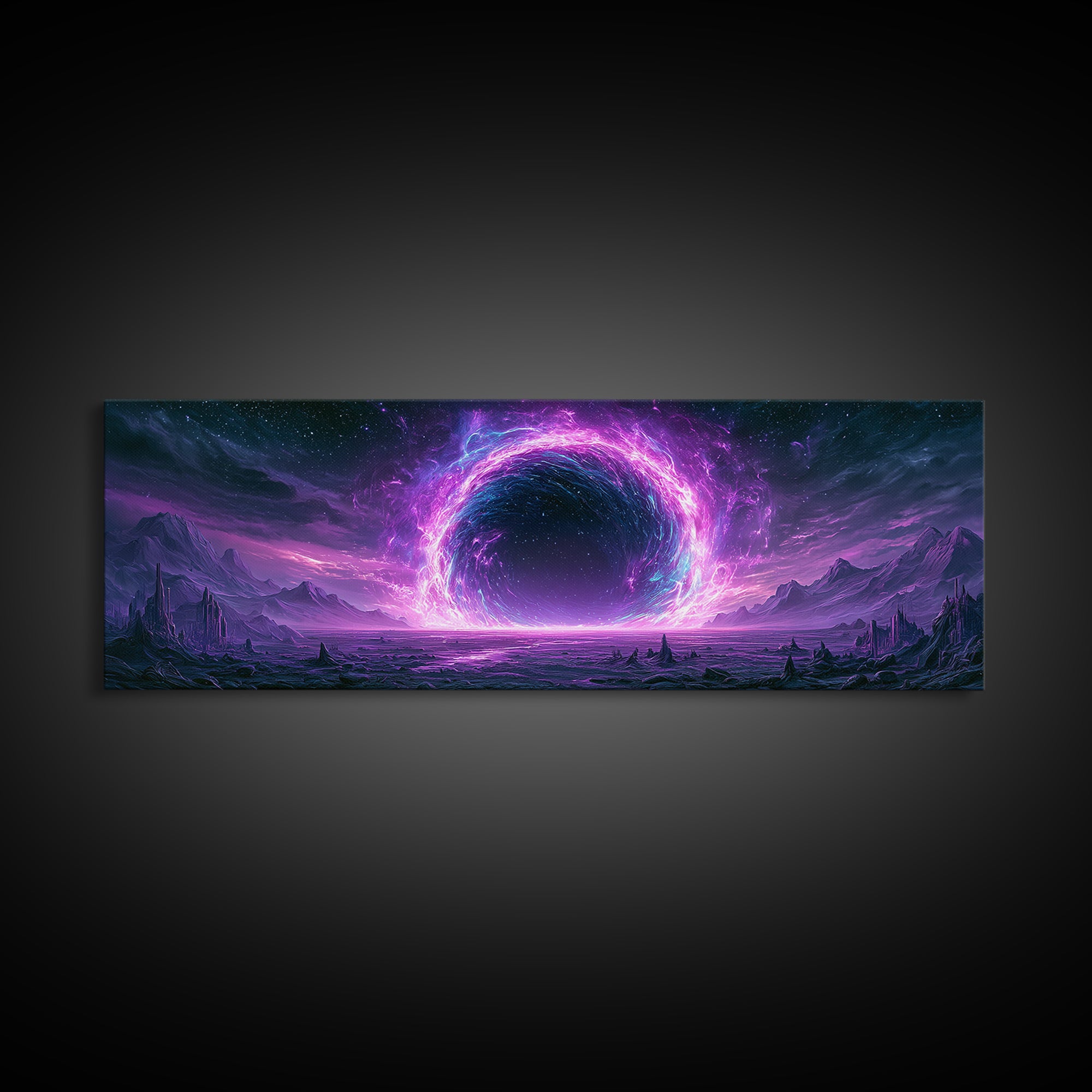 Wormhole Opening over Barren Landscape Framed Canvas Print, Scifi Art, Game Room Decor, Living Room Decor, Fine Art, Orbit, SCI-3x1-81