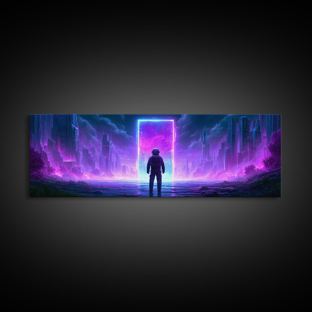 Astronaut Standing Before a Glowing Monolith Framed Canvas Print, Scifi Art, Space Art, Living Room Decor, Fine Art, Orbit, SCI-3x1-90