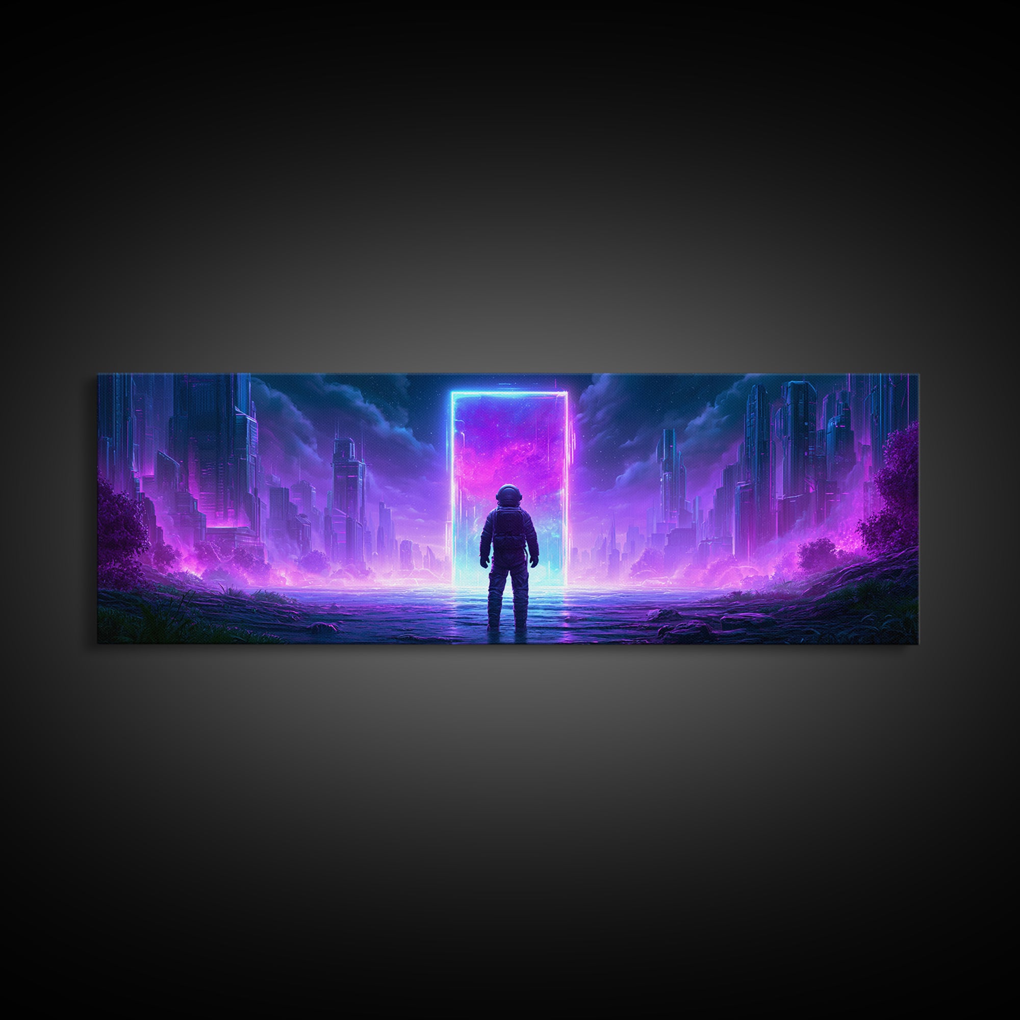 Astronaut Standing Before a Glowing Monolith Framed Canvas Print, Scifi Art, Space Art, Living Room Decor, Fine Art, Orbit, SCI-3x1-90
