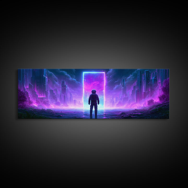Astronaut Standing Before a Glowing Monolith Framed Canvas Print, Scifi Art, Space Art, Living Room Decor, Fine Art, Orbit, SCI-3x1-90