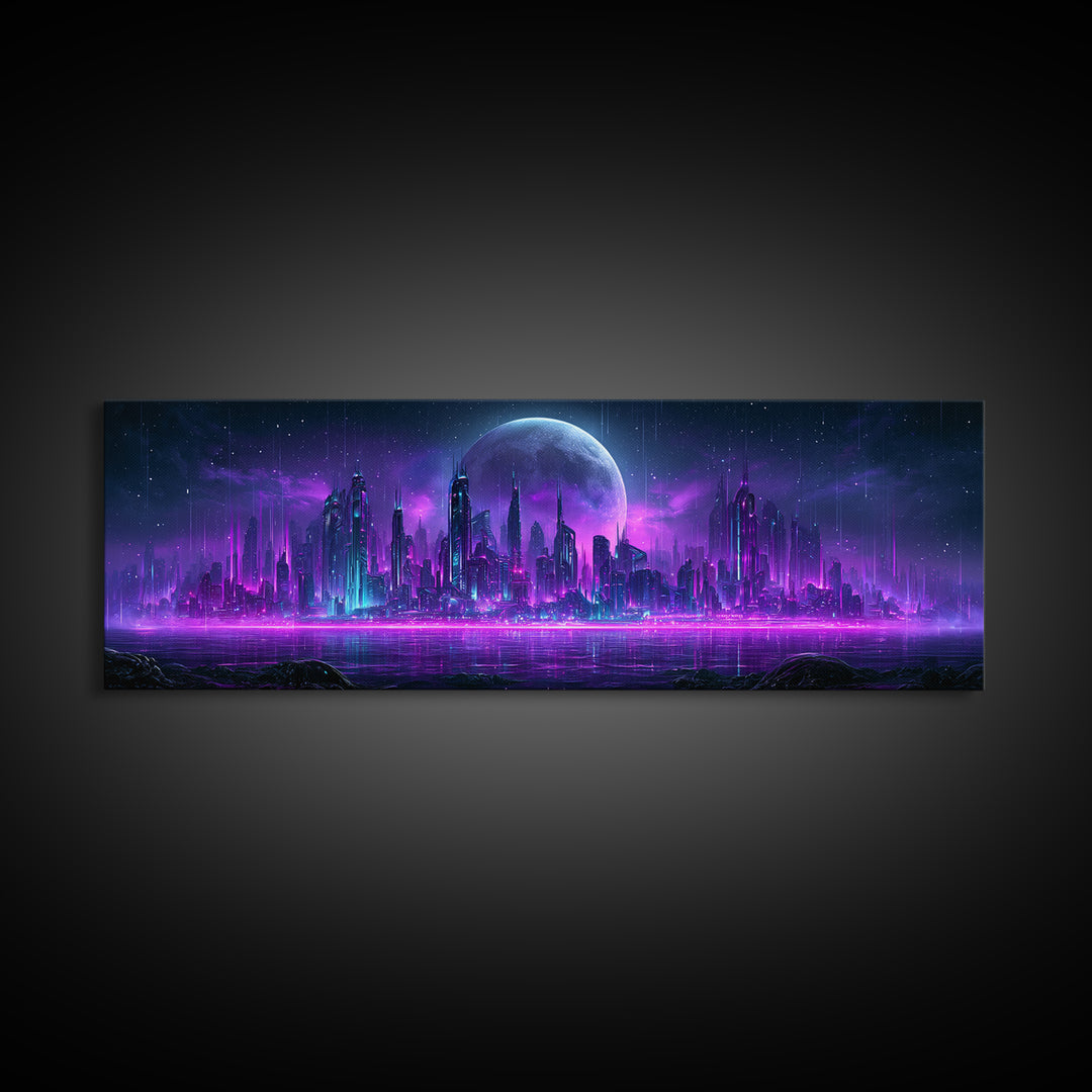 Futuristic City on a Moonlit World Canvas Print, Scifi Art, Posters, Living Room Decor, Orbit, Pop Art, Mid Century Art, SCI-3x1-91