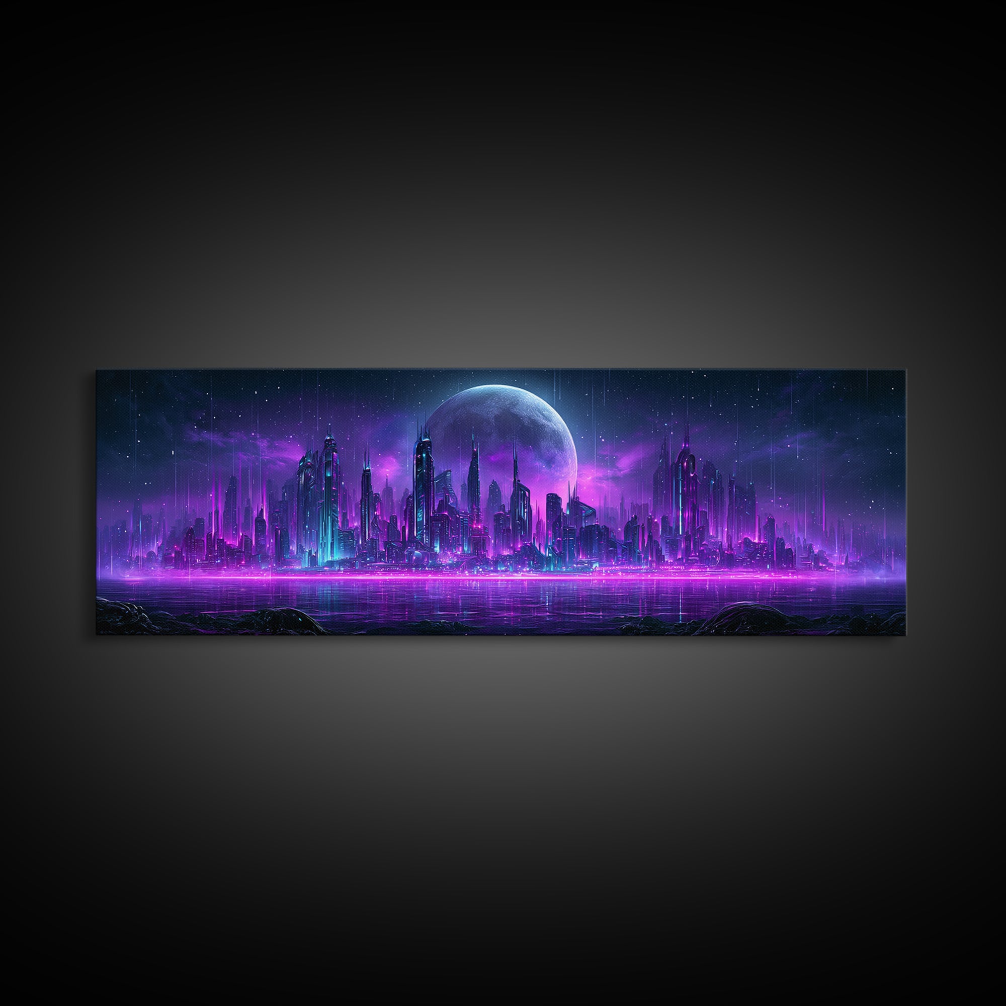 Futuristic City on a Moonlit World Canvas Print, Scifi Art, Posters, Living Room Decor, Orbit, Pop Art, Mid Century Art, SCI-3x1-91