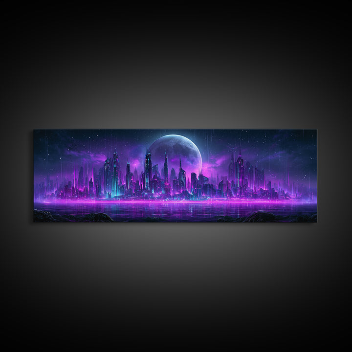 Futuristic City on a Moonlit World Canvas Print, Scifi Art, Posters, Living Room Decor, Orbit, Pop Art, Mid Century Art, SCI-3x1-91