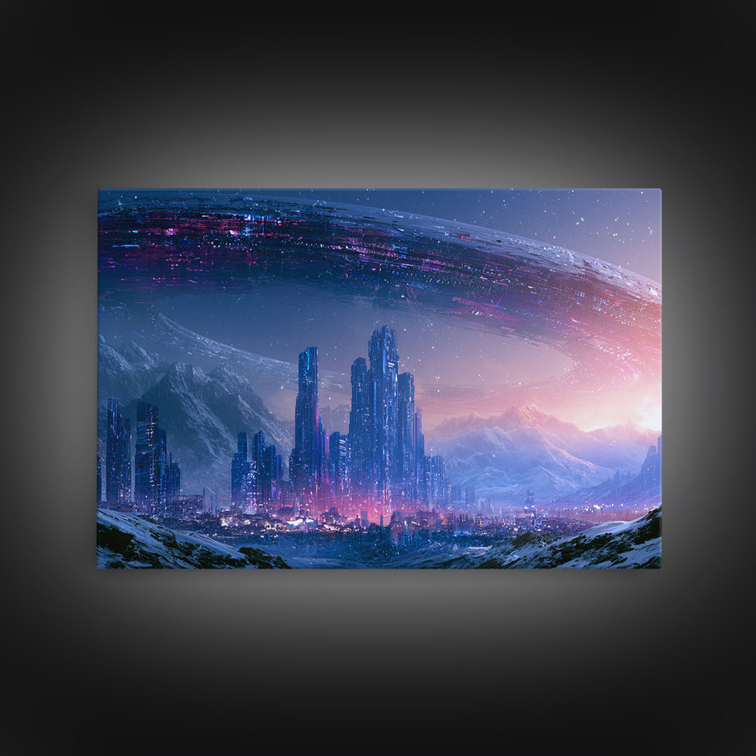 Giant Ring World Seen from a Valley Canvas Print, Scifi Art, Contemporary Art, Living Room Decor, Oil Painting, Orbit, SCI-3x2-12