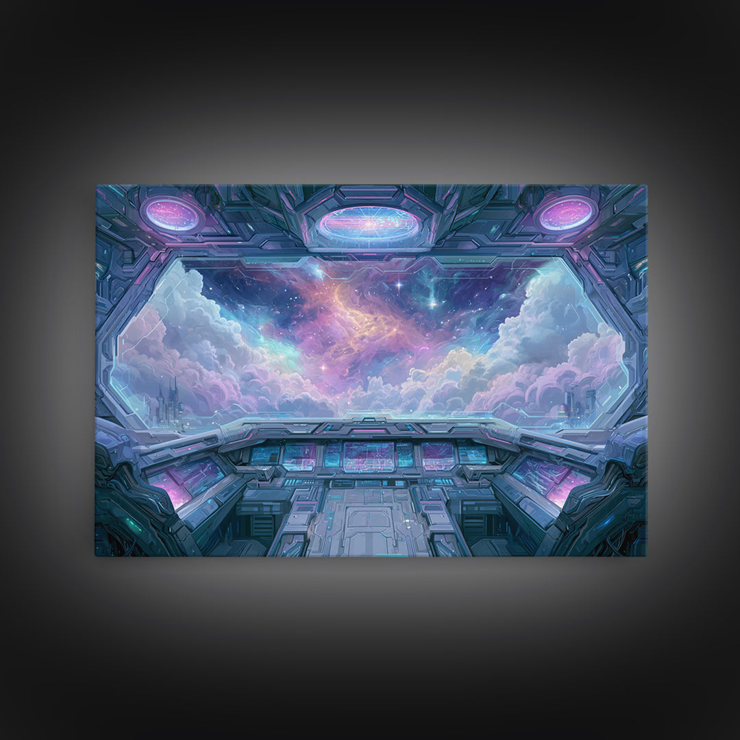 Starship Cockpit View of Nebula Clouds Framed Canvas Print, Scifi Art, Mid Century Art, Living Room Decor, Fine Art, Orbit, SCI-3x2-15