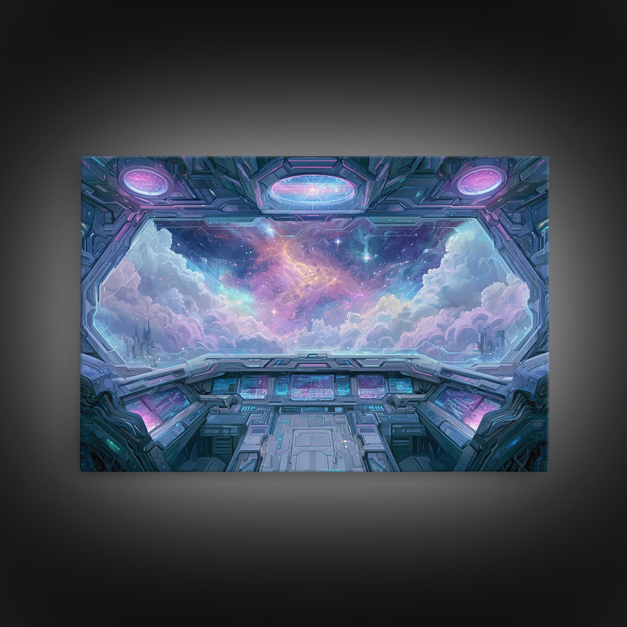 Starship Cockpit View of Nebula Clouds Framed Canvas Print, Scifi Art, Mid Century Art, Living Room Decor, Fine Art, Orbit, SCI-3x2-15