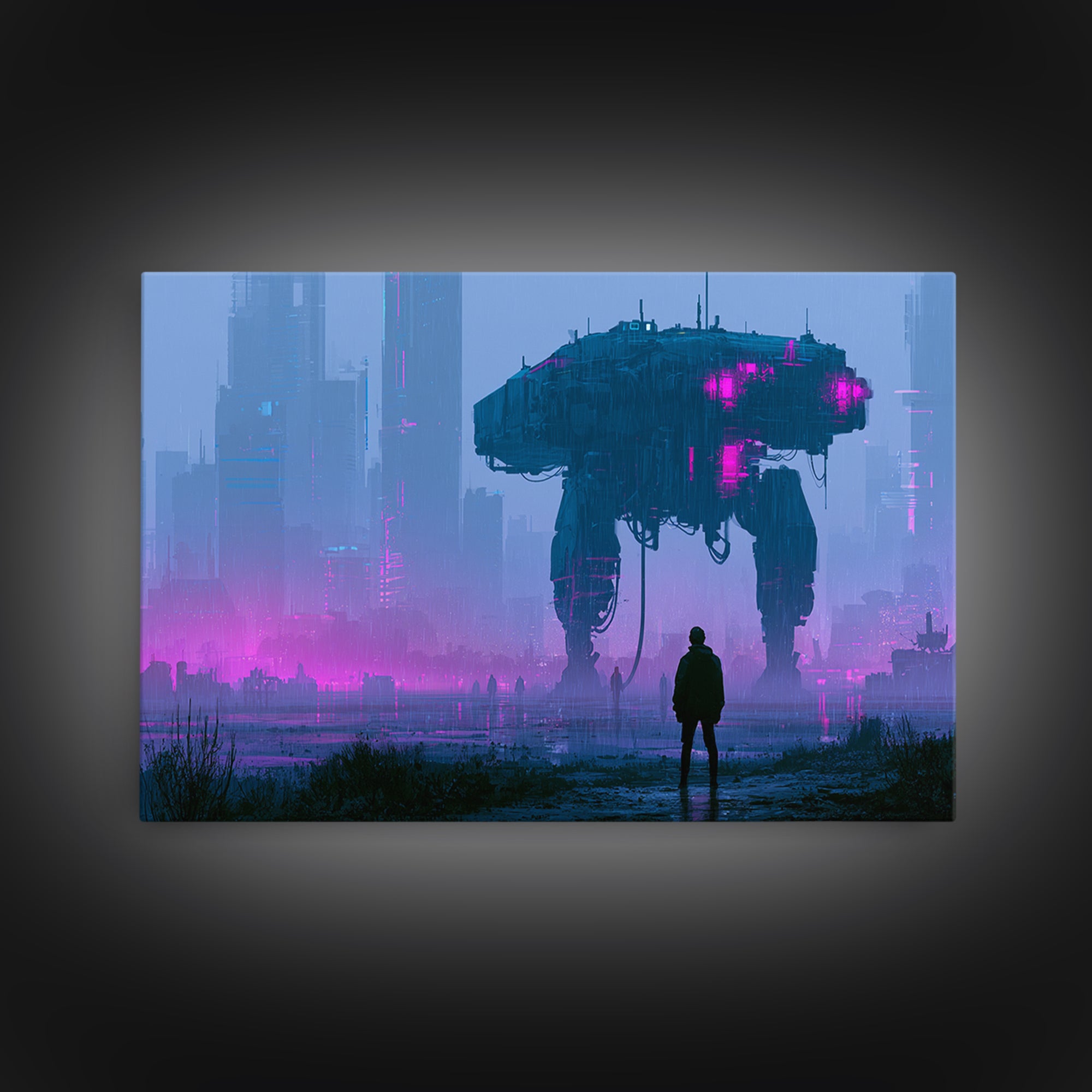 Mech Silhouette in Rainy Neon City Framed Canvas Print, Scifi Art, Statement Artwork, Living Room Decor, Fine Art, Orbit, SCI-3x2-19