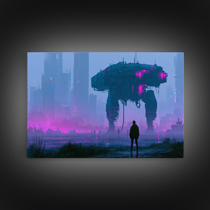 Mech Silhouette in Rainy Neon City Framed Canvas Print, Scifi Art, Statement Artwork, Living Room Decor, Fine Art, Orbit, SCI-3x2-19